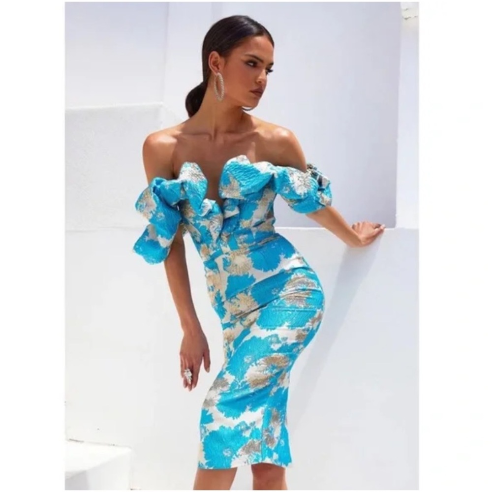 ELIYA THE LABEL | Brielle Off the Shoulders Jacquard Midi Cocktail Dress | Sz S